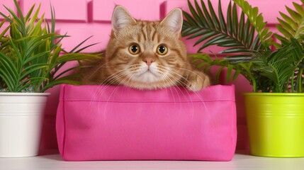 Wall Mural - A cat is sitting in a bright pink basket next to plants in a pots.