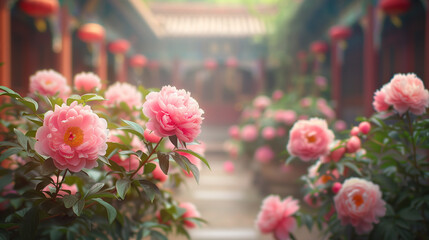 Wall Mural - there are many pink flowers in the garden with red lanterns