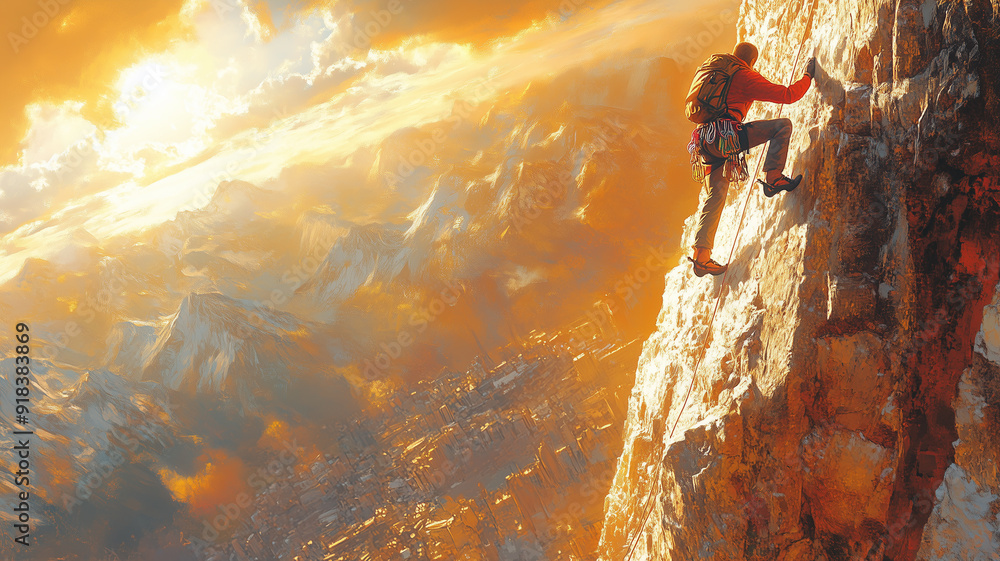 Dynamic scene of a climber scaling a steep, rocky cliff in the summer ...