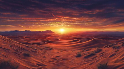 Wall Mural - A breathtaking desert landscape with rolling sand dunes bathed in the warm glow of a setting sun. The vibrant sky showcases a symphony of colors, while the distant mountains create a sense of vastness