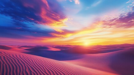 Poster - A breathtaking sunset casts a warm glow over a vast desert landscape, with vibrant hues painting the sky and sand dunes. The image evokes a sense of tranquility, vastness, and the beauty of nature's w