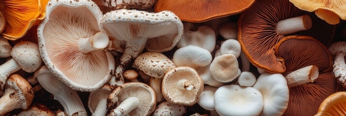 Wall Mural - A close-up image featuring a variety of fresh mushrooms, showcasing their unique textures and vibrant colors. The image highlights the earthy beauty of these fungi.