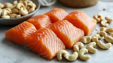 Sticker - A close-up image of fresh salmon fillets and cashew nuts, symbolizing a healthy diet, protein source, omega-3 fatty acids, healthy fats, and nutritious meal.