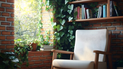 Cozy reading nook with brick wall covered in cascading ivy and trailing vines.