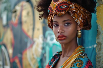 Sticker - Portrait of a young woman with vibrant headwrap and earrings against a graffiti background