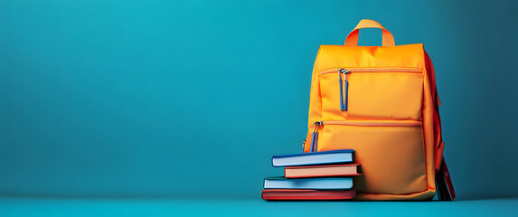 Sticker - Full school backpack with books isolated on blue background with copy space. Back to School concept. 