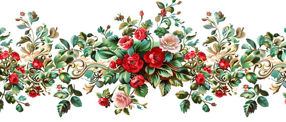 Wall Mural - a close up of a floral border with red flowers and green leaves