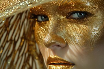 Poster - Closeup of a person with golden makeup and glitter, exuding luxury and creativity