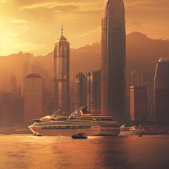 Wall Mural - arafly looking cruise ship in the water with a city in the background