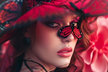 Poster - Closeup of a mystical woman surrounded by vibrant monarch butterflies