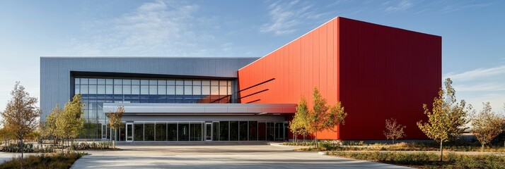 A modern building with a red facade and a grey roof, featuring large windows and a green lawn.  The building exudes a sense of innovation, progress, and contemporary design.