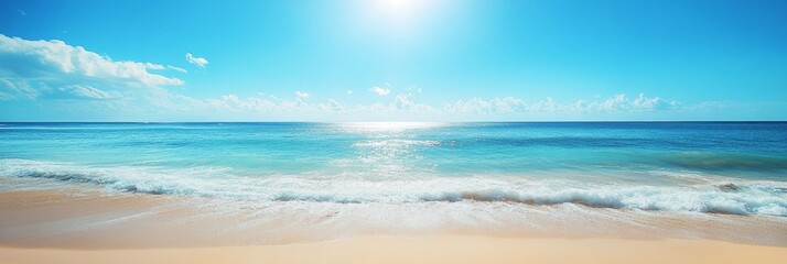 Poster - A picturesque scene of a serene beach with azure water gently lapping against the soft white sand. The sun shines brightly, creating a tranquil atmosphere.