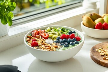 Wall Mural - A nutritious breakfast bowl filled with colorful fruits and nuts sits on a counter in a clean, modern kitchen, showcasing a healthy start to the day