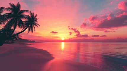 Wall Mural - A silhouette of palm trees stands against a vibrant pink and orange sunset over a calm, tranquil ocean. The sky is filled with dramatic clouds, creating a sense of peace and beauty.