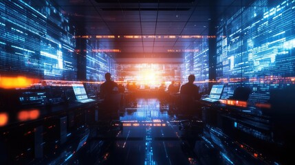 Dark room with illuminated screens displaying data, creating a futuristic atmosphere with silhouettes of professionals working.