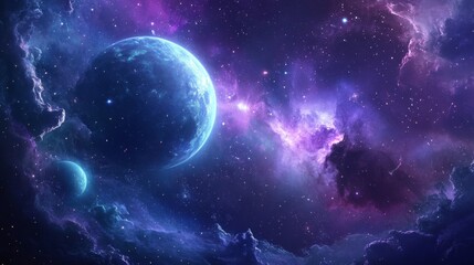 Wall Mural - A stunning cosmic landscape featuring a vibrant blue planet, a smaller companion, and a swirling nebula in shades of purple and blue. It evokes a sense of wonder, mystery, and the vastness of the univ