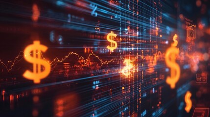 An abstract representation of finance with glowing dollar signs and digital data streams, symbolizing economic growth and technology.