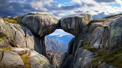 Majestic rock formation in a mountain landscape with a natural stone bridge under a cloudy sky. Ideal for nature-inspired designs and scenic backgrounds. Suitable for various creative projects. AI