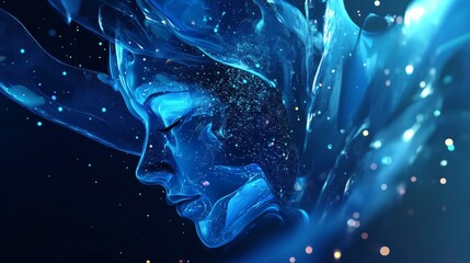 Wall Mural - A woman's face is formed by flowing blue liquid, symbolizing digital transformation,  water,  technology,  imagination,  and art.