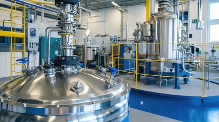 A spacious industrial facility features large stainless steel vessels used for chemical processing, with bright lighting and organized equipment evident throughout the area