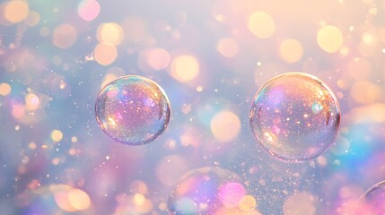 Poster - Two iridescent bubbles float against a dreamy pastel bokeh background, symbolizing beauty, fragility, and the ephemeral nature of life.