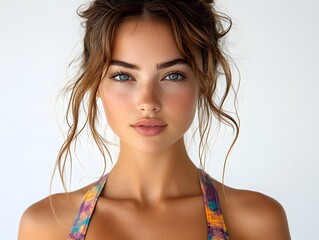 Portrait of a fit and beautiful woman wearing a colorful summer sports bra, with her hair tied back, isolated on a white background