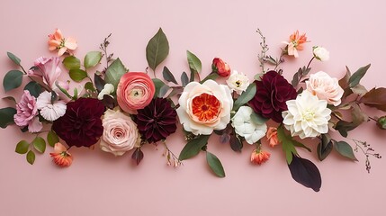 Sticker - A Delicate Arrangement of Pink, White, and Burgundy Flowers with Green Foliage on a Pink Background