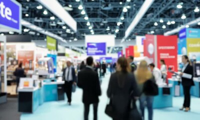 Wall Mural - Stop motion of Busy trade fair with a sea of booths and blurred business people - Crowded exhibition hall or convention center background for events and networking
