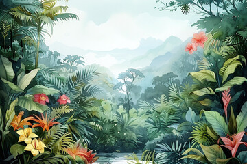 Illustration of a forest with tropical flowers, artistic modern and simple background