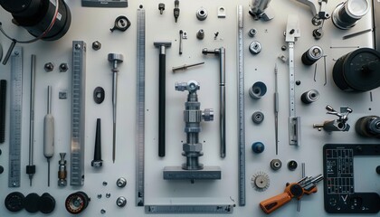 Tools and equipment arranged on a workshop wall, showcasing precision instruments and accessories for mechanical tasks