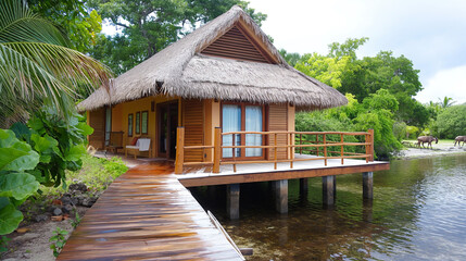 Canvas Print - there is a small wooden house on the water with a thatched roof