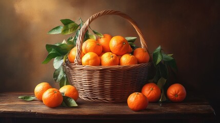 Wall Mural - A basket filled with ripe tangerines, beautifully arranged on a wooden table, creating a warm and inviting still life composition