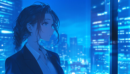 Wall Mural - A cute office girl in a suit looking at the city from her office window