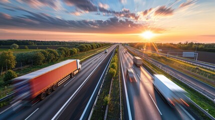 A busy highway at sunset with trucks and cars in motion.