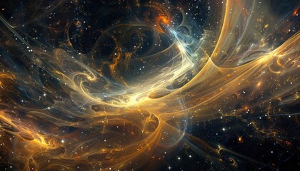 A vibrant cosmic swirl of gold and blue hues filled with stars and galactic elements in a deep space setting