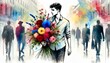 © monkik. - A watercolor of a young man with short hair with colorful bouquet of flowers