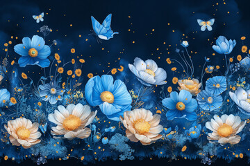 Wall Mural - there are many blue flowers and butterflies in the dark