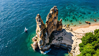 Poster - Formation rocheuse et voilier sur une mer turquoise