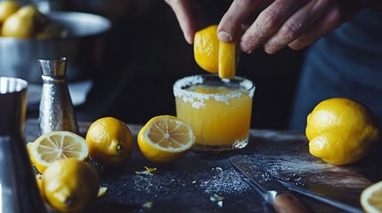 A Hand Squeezing a Lemon Wedge into a Glass of Lemonade