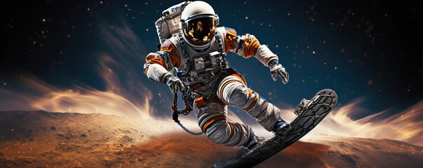 an astronaut skateboards on the surface of a distant planet while surrounded by cosmic scenery and d