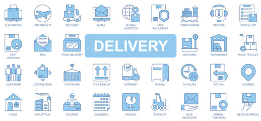 Fototapete - Delivery icons set in duotone outline stroke design for web. Pack pictograms of e-shopping, freight, email, global logistic, safe packaging, cargo, fast shipping, courier, other. Vector illustration.