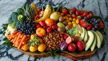 A colorful fruit and vegetable platter arranged on a wooden board, showcasing fresh produce and nuts in natural light