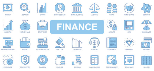 Fototapete - Finance icons set in duotone outline stroke design for web. Pack pictograms of money, search, graph, businessman, bank, justice, coins, handshake, deposit, briefcase, atm, other. Vector illustration.
