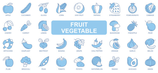 Poster - Fruit and vegetable icons set in duotone outline stroke design for web. Pack pictograms of apple, cucumber, olives, corn, kiwi, paprika, cabbage, cherry, lemon, mushroom, other. Vector illustration.