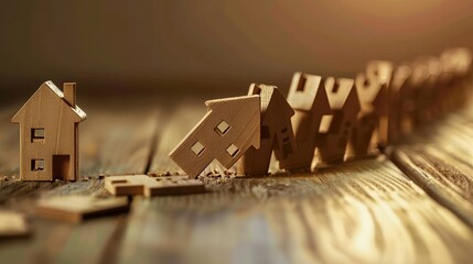 domino cascade with house models and insurance symbols illustrating real estate insurance impact