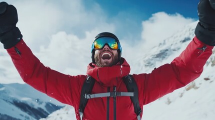 Cheering man skiing on the slopes, seen by people in front of him, stylish appearance, advertising campaign