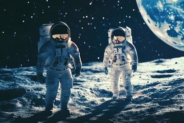 Wall Mural - Two Astronauts Standing on the Lunar Surface with Earth in the Background