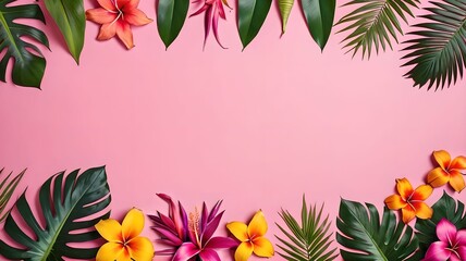 Flat lay of tropical flowers and leaves arranged on a pink background, creating a vibrant and exotic composition. The colorful scene highlights the beauty and diversity of nature. Empty space place fo