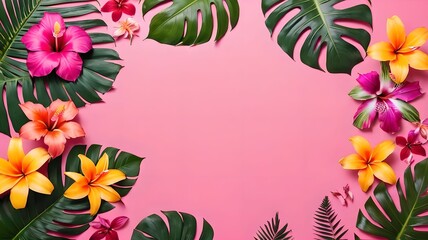 Wall Mural - Flat lay of tropical flowers and leaves arranged on a pink background, creating a vibrant and exotic composition. The colorful scene highlights the beauty and diversity of nature. Empty space place fo