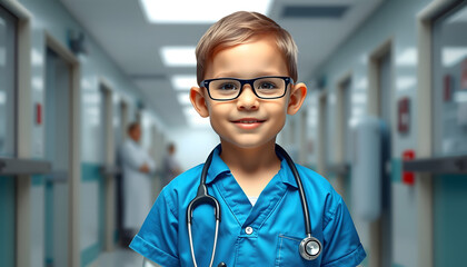 Portrait of a child wearing a doctor uniform with stethoscope in a hospital isolated with white highlights, png